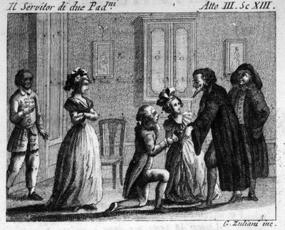 Cena 13 do Acto III da peça cómica "Arlecchino servitore di due padroni" (Arlequim servo de dois senhores) (1745) de Carlo Goldoni (1707-1793). Gravura do século XVIII de Italian School