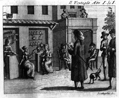 Cena 1 do Acto I da peça cómica "Il ventaglio" (The eventel) (1764) de Carlo Goldoni (1707-1793). Gravura do século XVIII de Italian School