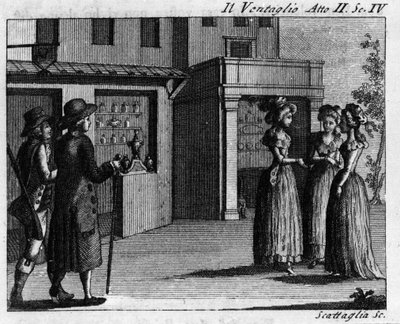 Cena 4 do Acto II da peça cómica "Il ventaglio" (The eventel) (1764) de Carlo Goldoni (1707-1793). Gravura do século XVIII de Italian School