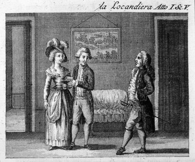Cena 5 do Acto I da peça "La locandiera" (1753) de Carlo Goldoni (1707-1793). Gravura do século XVIII de Italian School