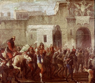 Cena de castigo dos ladrões na época de Masaniello (Castigo dos ladrões na época de Masaniello) Detalhe de um quadro por volta de 1640-1650 Nápoles, Museo Nazionale di San Martino de Italian School
