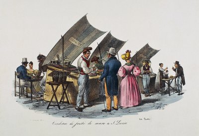 Vendedor de mariscos em Santa Lúcia, Nápoles, Itália de Italian School