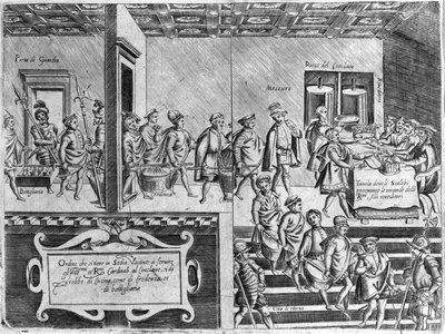 Serviço dos cardeais durante um conclave. Gravura de "Ópera", livro sobre gastronomia dividido em 6 partes, de Bartolomeo Scappi, cozinheiro pessoal do Papa Pio V. Veneza de Italian School
