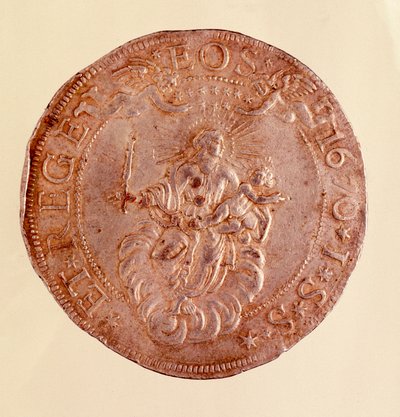 Moeda de prata da República de Génova (Genes) com representação da Virgem Maria com Jesus criança. 1670. Diam. 5,8 cm Nápoles, museo archeologico de Italian School