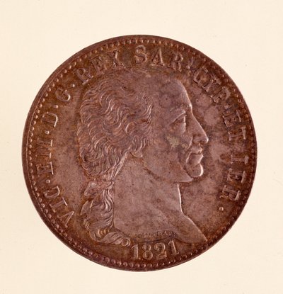 Moeda de prata italiana (ecu) do reino da Sardenha: reinado de Vittorio Emanuele I (Victor Emmanuel I) (1759-1824). 1821. Diam. 3,8 cm Nápoles, museo archeologico de Italian School