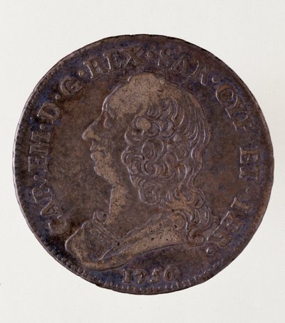 Moeda italiana de prata (meio ecu) do reino da Sardenha: reinado de Carlo Emanuele III di Savoia (1701-1773) (Charles Emmanuel III da Sardenha). 1756. Diam. 3,7 cm Nápoles, museo archeologico de Italian School