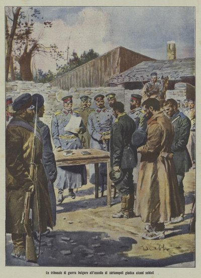 Soldados a serem julgados por um tribunal militar búlgaro no cerco de Adrianópolis, Primeira Guerra dos Balcãs (litografia a cores) de Italian School