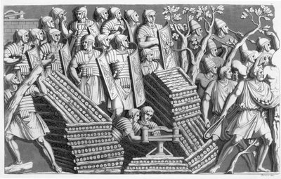 Soldados, possivelmente construindo uma ponte de pontão ou motor de cerco, possivelmente da Coluna de Trajans, da alfândega dos romanos, c.1800-10 (gravura e aquatinta) de Italian School