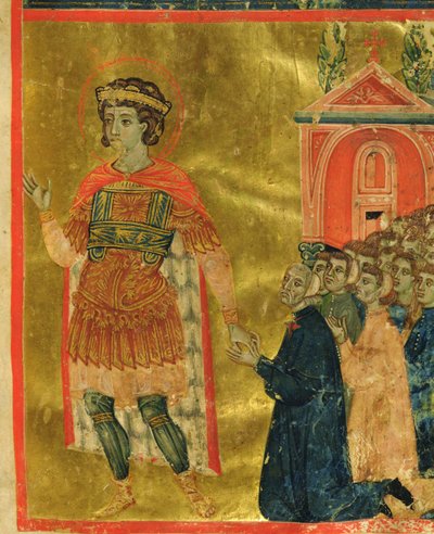 Alguns irmãos rezando para St. Theodore, de uma Mariegola, 1350 (tinta e folha de ouro sobre velino) de Italian School
