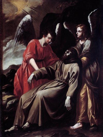 São Francisco de Assis confortado pelos anjos depois de ter recebido os estigmas (Pintura de Italian School
