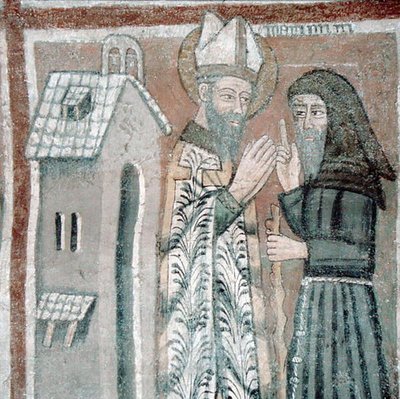 São Gregório o Grande (540-604) com um Monge (fresco) de Italian School