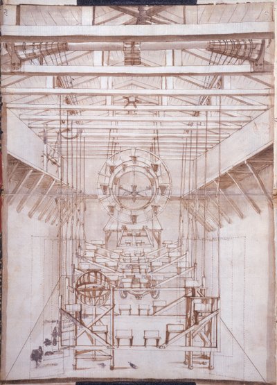 Máquinas de palco para as óperas no teatro San Salvatore em Veneza, 1675 (caneta e tinta no papel) de Italian School