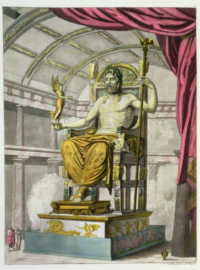 Estátua de Júpiter em um templo, de Costumi dei Romani, gravado por Angelo Biasioli (1790-1830), c.1805-20 (aquatint) de Italian School