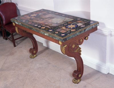 Parte superior de tabela que descreve o porto de Livorno, após um projeto por Antonio Ciocci (fl.1722-92) (pietra dure) (veja 316265 para o par) de Italian School