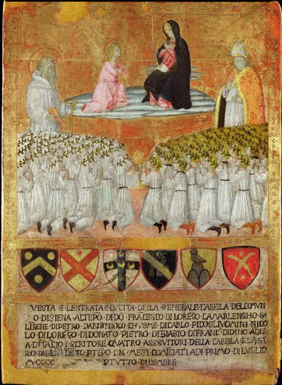 A Anunciação com São Bernardo de Claraval e Papa Calixtus III (1378-1458) 1456 (óleo sobre painel) de Italian School