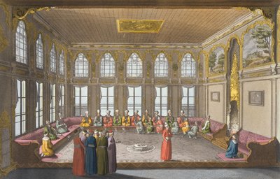 O Apartamento de um Ministro, placa 57 da Parte III, Volume I de "A História das Nações", gravado por V. Raineri (aquatint) de Italian School