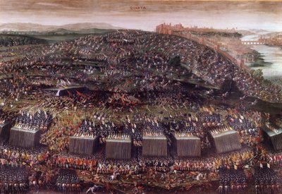 A Batalha da Montanha Branca durante a Guerra dos Trinta Anos (Alemanha 1620), que se opôs à Boémia guiada por Frederick V à Liga Sagrada. Tinta a óleo. Roma, Igreja de Santa Maria da Vitória. de Italian School