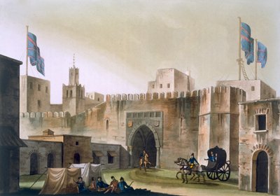 O Beb Kar, portão em Túnis, com europeus em shows puxados por cavalos, c.1820s-30s de Italian School