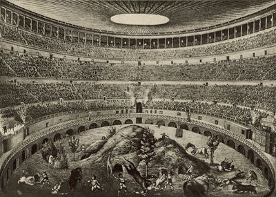 O Coliseu, A grande perseguição de bestas selvagens (litho) de Italian School