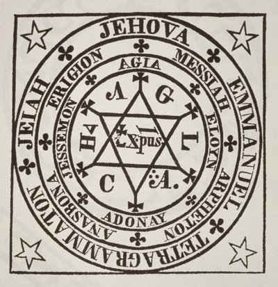 O Grande Círculo Mágico de Agripa para a Evocação de Demônios, cópia de uma ilustração de Les Oevres Magiques de Henri Corneille Agripa, Roma 1744, usada em uma História da Magia, publicada no final do século XIX. de Italian School
