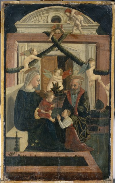 A Sagrada Família com doador em oração e brincando de anjos, c.1460 (tempera em madeira de pinho) de Italian School