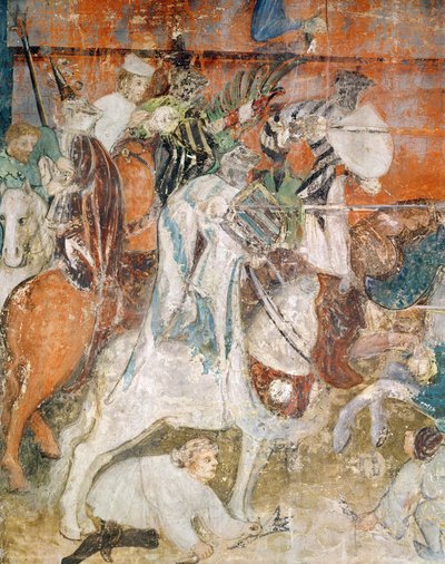 O mês de fevereiro, detalhe de cavaleiros em um torneio, c.1400 (fresco) de Italian School