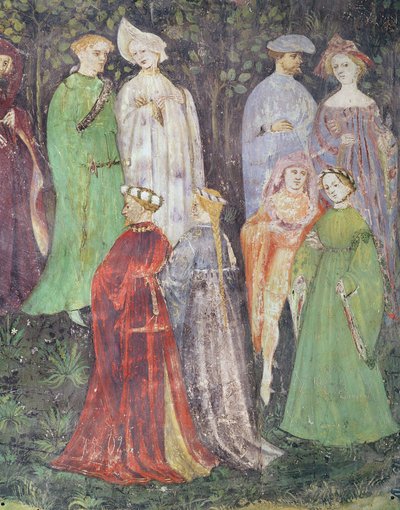 O Mês de Junho, detalhe da caminhada de homens e mulheres nobres, c.1400 (fresco) de Italian School