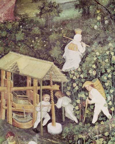 O Mês de Outubro, detalhe dos apanhadores de uvas a prensar uvas, c.1400 (fresco) de Italian School