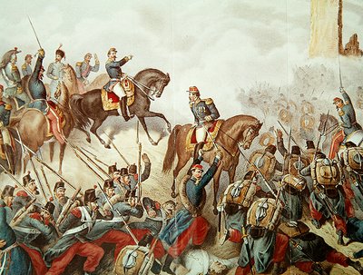 O piemontês e os franceses na batalha de San Martino em 1859 (gravura a cores) de Italian School