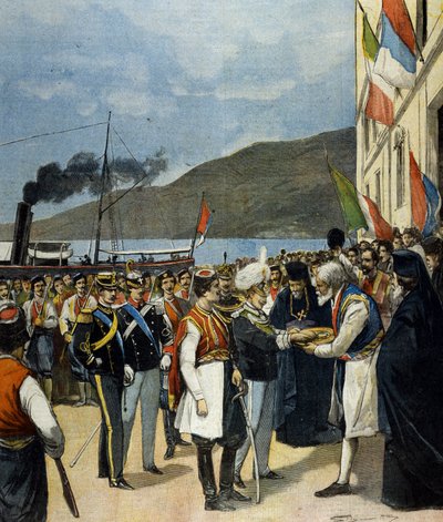 O Príncipe de Nápoles - então Victor Emmanuel III (Victor-Emmanuel) (Vittorio Emanuele) - recebe em Rijeka, de acordo com a tradição, pão e sal da família de Helene de Montenegro. de Italian School