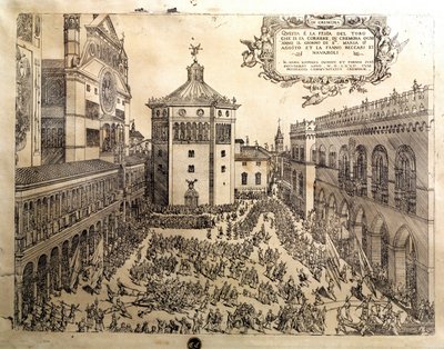 A festa do Taurus na Grande Praça de Cremone (Cremona), na Itália. Gravura de Cremona do século XVI, Museo Civico Itália de Italian School