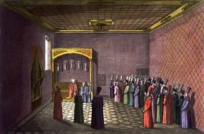 A Sala do Trono do Sultão, placa 29 da Parte III, Volume I de "A História das Nações", gravada por Giacomo Bussi (aquatint) de Italian School
