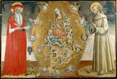 A Virgem e o Menino com Saint François e Saint Jerome Wood pintura da Escola Italiana do século XIV. Musee du Peinture Palais, Avignon de Italian School