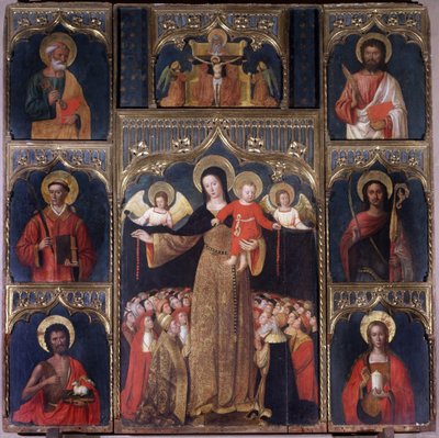 A Virgem com Cristo Criança: Altar de Nossa Senhora (Nossa Senhora) do Rosário. Seis santos rodeiam a Virgem: São Pedro, São João Baptista com o Cordeiro de Deus, São Bartolomeu, São Estêvão, São Julião, Santa Maria Madeleine. Acima, a crucha de Italian School