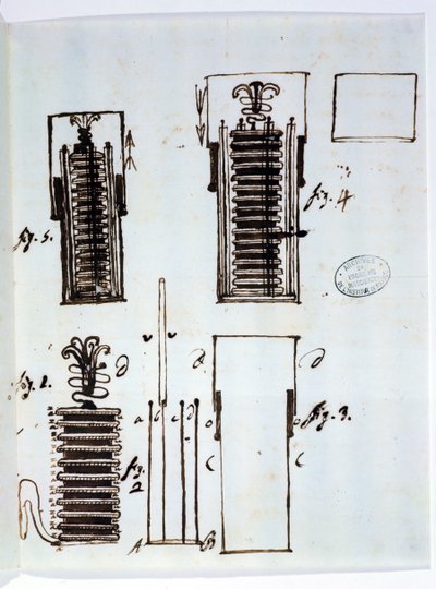 A pilha voltaica (bateria). Desenho de uma carta de Alessandro Volta (1745-1827) para Dieudonne Dolomieu (1750-1801) sobre galvanismo, 1801 (caneta e tinta sobre papel) de Italian School
