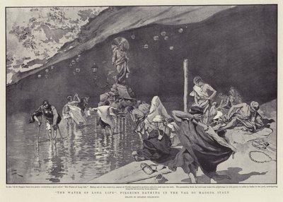 "A água da longa vida", Peregrinos a banharem-se no Val di Maggio, Itália (litografia) de Italian School