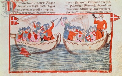 A batalha de Meloria, miniatura das Novas Crônicas de Giovanni Villani, Itália do século XIV. de Italian School