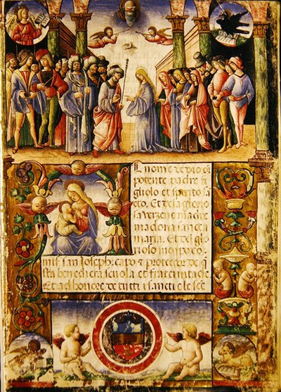 O noivado da Virgem, de uma Mariegola da guilda leiga de São José e São Silvestre, 1315 (tinta sobre velino) de Italian School