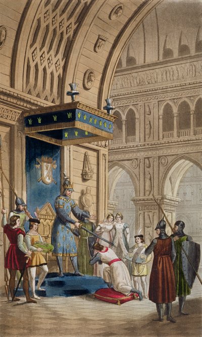 A criação de um Cavaleiro Templário, a partir de um manuscrito de Romance de Lancelot do Lago, publicado c.1820-30 de Italian School