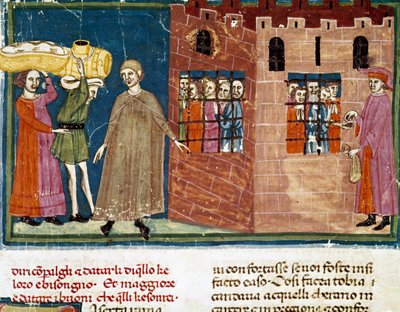 A distribuição de refeições aos prisioneiros Miniatura da escola Florentine retirada de uma edição de extensão do "Pater noster" de Ser Zucchero Bencivenni (MS.II.VI 16) início do século XIV Florença, biblioteca nacional de Italian School