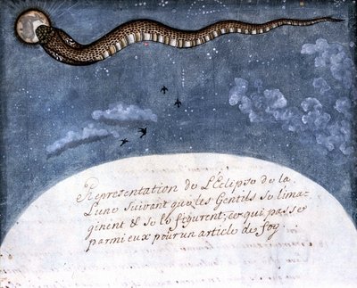 O eclipse da lua imaginado pelos índios Mogol (uma cobra devorando a lua) Página retirada do manuscrito (ms.8300) "História dos Mogol" (Moghul ou Moghol) de Stefano Nivibus Cardeira. Século XVIII. Bibloteca marciana, Veneza de Italian School