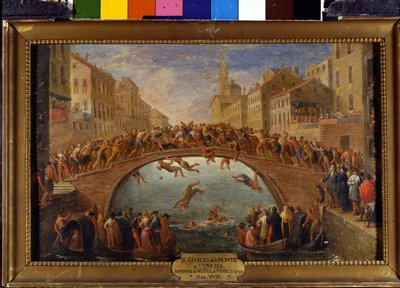 O jogo da ponte tem Veneza A batalha dos bastões na Ponte Santa Fosca. A pintura da escola veneziana. Século XVIII. de Italian School