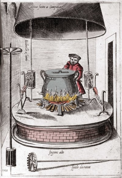 A cozinha debaixo de uma campainha. Gravura de "Ópera", livro sobre gastronomia dividido em 6 partes, de Bartolomeo Scappi, cozinheiro pessoal do Papa Pio V. Veneza. de Italian School