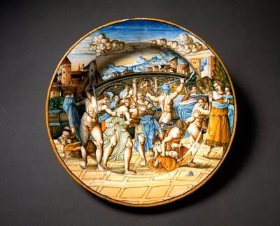 O massacre dos inocentes. Placa de cerâmica produzida em Urbino, na oficina Fontana, Itália. 1566 ao redor de Florença, Museo Nazionale del Bargello de Italian School