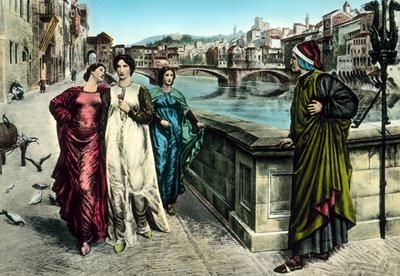 O encontro de Dante e Beatrice (cor litho) de Italian School