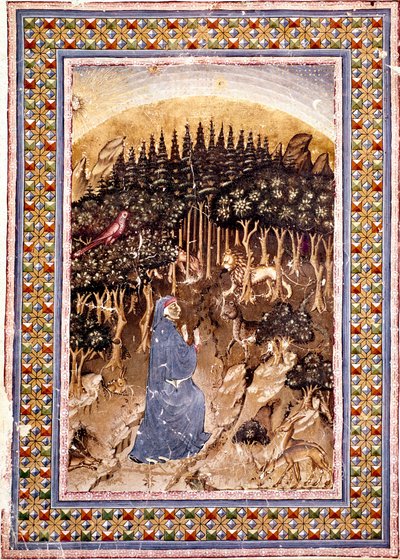 O poeta Dante se encontra numa floresta escura. Página iluminada da primeira canção do Inferno extraída da "Divina Commedia" de Dante Alighieri (1265-1321). Manuscrito de Ms. Conv. Soppr. 204 de Italian School