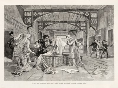 A cena da cesta (Ato II, Parte Dois, Cena I) da ópera Giuseppe Verdis Falstaff, da LIllustrazione Italiana, XX, nº 8, 19 de fevereiro de 1893 de Italian School