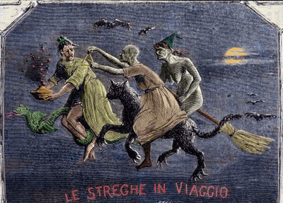 As bruxas a caminho do Sábado: uma está sobre um gato preto, outra sobre uma vassoura e a terceira sobre um dragão carrega um elixir. Gravura. de Italian School