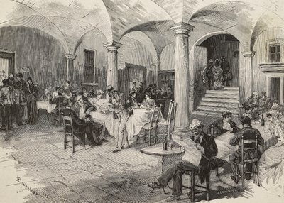 Passageiros de terceira classe e passageiros em quarentena de primeira classe, desinfecção de bagagem, castelo de Quarcino, na fronteira suíça, epidemia de cólera, Itália, gravura de Mancastropa de desenho de Bonamore, de L