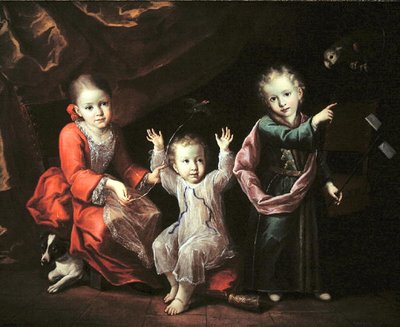 Três Crianças num Interior Cercado pelos seus Animais de Estimação, c.1680 (óleo sobre tela) de Italian School